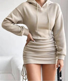 Sexy Wind Breeze Drawstring Design Hooded Bag Long-Sleeved Dress