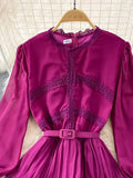 Autumn Women Lace Long Dress Vintage Round Neck Lantern Sleeve High Waist Cascading Ruffle Pleated Party Maxi
