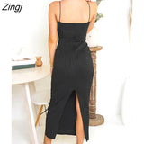 Women Summer Spaghetti Strap Sleeveless Dress Solid Color Backless Slit Long Dress for Cocktail Nightclub
