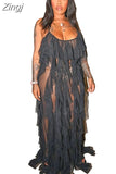 Sexy Mesh Beach Maxi Dresses Women Spaghetti Strap Ruffle Robe Swimwear Summer New Fashion Backless Swimsuit Cover
