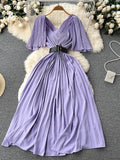 Women Pleated Party Long Dress Sexy V-Neck Short Sleeve High Waist A-Line Maxi Vestidos With Belt Vacation Beach Robe