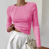 Shein New Spring Autumn New Sweet Spicy Solid Color Line Long-Sleeved Collar T-Shirt