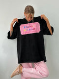 Letter Print Bumper T-Shirt Foundation Buffet Short Sleeves Front Shoulder Thin Long Round Collar