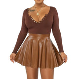 Zingj Women's 2024 Sexy Solid Color PU Skirt Women's Skirt Mini Skirt