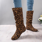 Leopard-Print Flat-Bottomed High School Boots Women Retro Round-Headed Velvet Fashion Boots