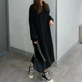 Sleeve Dress Women Solid Loose All-match Students Mid-calf Korean Style Daily O-neck Trendy Ins Elegant Side-slit