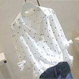 And Autumn 2025 New Korean Version Of The White Wave Dot Shirt Women's Sleeves Loose Casual Cotton-Song V-Neck