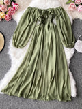Women Slash Neck Long Sleeve Midi Dress Female Yellow/Red/Pink High Waist Ruffle Big Swing Chiffon Robe Fashion 2023