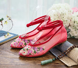 Zingj Shoes Tip Fashion Plate Buckle Beef Tendon Bottom Low Heel Women's Shoes Sandals Mesh Gauze Embroidered Cloth