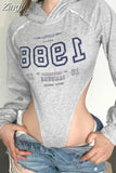 Retro Stitched Digital Print Hooded Women Bodysuits Tops Casual Bodycon Autumn Winter Body Basic Streetwear