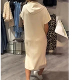 New Casual Solid-Colored Short-Sleeved Pocket Hooded Dress Women's