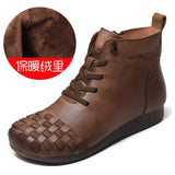 Time 138] National Wind Leather Hand-Woven Flat Bottom Short Boots Cow Skin Boots Soft Bottom Women's Cotton