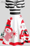 Dress Women Winter Santa Claus Striped Print Elegant Short Sleeve V-neck Xmas Party Midi