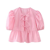 Sweet Gentle Wind Pure Color Lace Design Shirt Fashion Niche Bubble Short Sleeve Temperament Women's