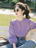 Chinese Style Buckle Round-Neck Shirt For Women In Spring 2025 New Ocean Design Purple Long-Sleeved