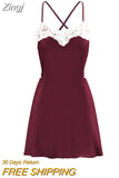 Women Sexy Lace Trim Slip Dress Satin Low Cut Spaghetti Strap Sleeveless Open Back Cami Mini Dress Party