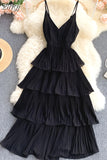 Women Draped Ruffle Spaghetti Strap Dress Sexy Vacation Beach Vestidos Female Elegant High Waist Slim Midi Robe 2023