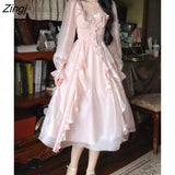 Autumn Vintage Party Midi Dress Women Pink Fairy Korean Style Sweet Dress Female Bubble Sleeve Elegant Evening Party