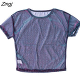Women Ladies Solid See-Through Vintage Shiny Tops Short Sleeve Summer T-Shirt Casual