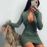 Zipper V-Neck Bodycon Dresses Sexy Long Sleeve Black Skinny Elastic Autumn Spring New Solid Fashion Women Party