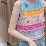 Women Sweater Vest Lovely Crop Summer Knitted Thin Breathable Hollow Out Fashion Colorful Striped Students Femme Cozy