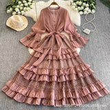 Retro Court Hollow Lace Splicing Horn Sleeve Dress Female Waist Temperament Over Knee Cake Long