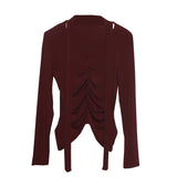 Real Shooting Explosion Long-Sleeved T-Shirt Girl Autumn Folded Waist-Bottomed Shirt V-Neck Ribbon Open Fork Short Top