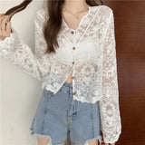 Women Lace Summer Sun-proof Simple Sexy Female Clothing Sheer Tops Preppy V-Neck Casual Trendy Harajuku Basic Korean
