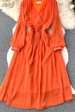 Vintage Women Dress Elegant Orange/Red/Yellow V-Neck Lantern Sleeve High Waist Slim A-Line Vestidos Female New