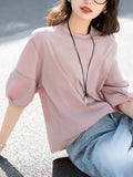 Seven-Sleeved T-Shirt Women 2025 Summer New Round-Necked Color Line Decorate Casual Lantern Sleeve