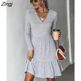 PETAL Ribbed A-Line Mini Dress For Woman Grey Sexy V-neck Long Sleeve Party Dress 2023 Spring Autumn Female