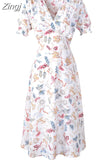 Women Summer Chiffon Midi Dress 2023 Floral Print V Neck Puff Short Sleeve A-Line Elegant Vintage Boho Beach