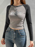 Grunge Graphic Print Raglan Sleeve Tops Tee Women T shirts Vintage Clothes Y2K Slim Sweats Shirt Contrast