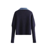 Korean Version Of The 2025 Autumn And Winter Ins Loose Denim Splicing Knit Coat Women Bubble Sleeves Two Sweater