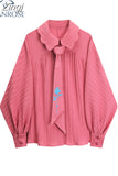 Women's Shirts Fashion Long Sleeve Peter Pan Collar Chic Tops Female Korean Vintage Streetwear Casual Loose Kawaii Pink