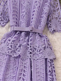 Vintage Women Hollow Out Lace Ruffle Long Dress Elegant Round Neck Short Sleeve High Waist Slim Maxi Party Vestidos