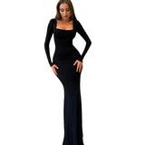 Zingj Women's Autumn And Winter New Fashion Temperament Pure Color Slim Tie With U-Neck Long-Sleeve