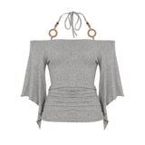 New Retro Stripe Shoulder Horn Sleeve T-Shirt Hottie Beaded Neck Small Repair