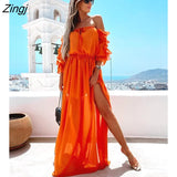 Long Dress Women Off Shoulder Chiffon Dress Lace-up Solid Color Ruffle Beachwear