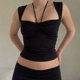 Zingj 2023 Spring New Hot Style Fashion Hot Girl Hanging Neck Pleated Wrapped Chest Short Style Versatile Solid Color Vest