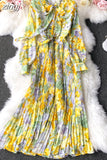 Autumn Bohemian Floral Pleated Long Dress Women Elegant Bow Collar Puff Sleeve Draped Chiffon Vestidos Female Party