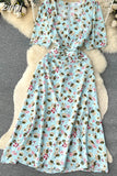 Women Floral Long Dress Elegant Square Collar Short Sleeve High Waist A-Line Casual Vestidos Female Robe New Fashion