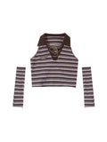 Women's Vintage Striped Slim T Shirt Y2k Design Knitted Tops Polo-Neck 90s Streetwear Harajuku Fashion Casual Crop Top
