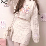 Piece Set Sweet Lolita Style Skirt Sets O-Neck Full Sleeve Casual Crop Tops Kawaii Embroidery Sweaters +Mini Knitted
