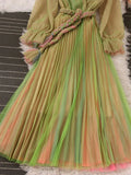 Autumn Women Mesh Pleated Long Dress Vintage Pink/Yellow/Brown V-Neck Flare Sleeve Draped Maxi Vestidos With Belt