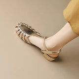 Leather Woven Hollow Out Thick Heel Sandal Female Summer New Retro Round-Shaped Low Heel Cage