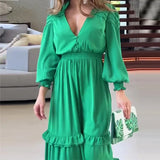Zingj 2023 New Solid Color Deep V-Neck High Waist Tight Waist Design Long-Sleeved Dress-Outfit