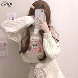 Piece Set Sweet Lolita Style Skirt Sets O-Neck Full Sleeve Casual Crop Tops Kawaii Embroidery Sweaters +Mini Knitted