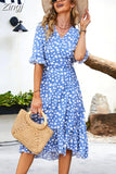 V Neck Split Floral Print Long Dress Women Summer Ruffles Half Sleeve Boho Casual Beach Dress Elegant Wrap Midi