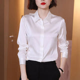Fashion Satin Loose Silk Shirt Female Button Up White Top Femme OL Professional Dress Shirt Lady Clothes Blusas